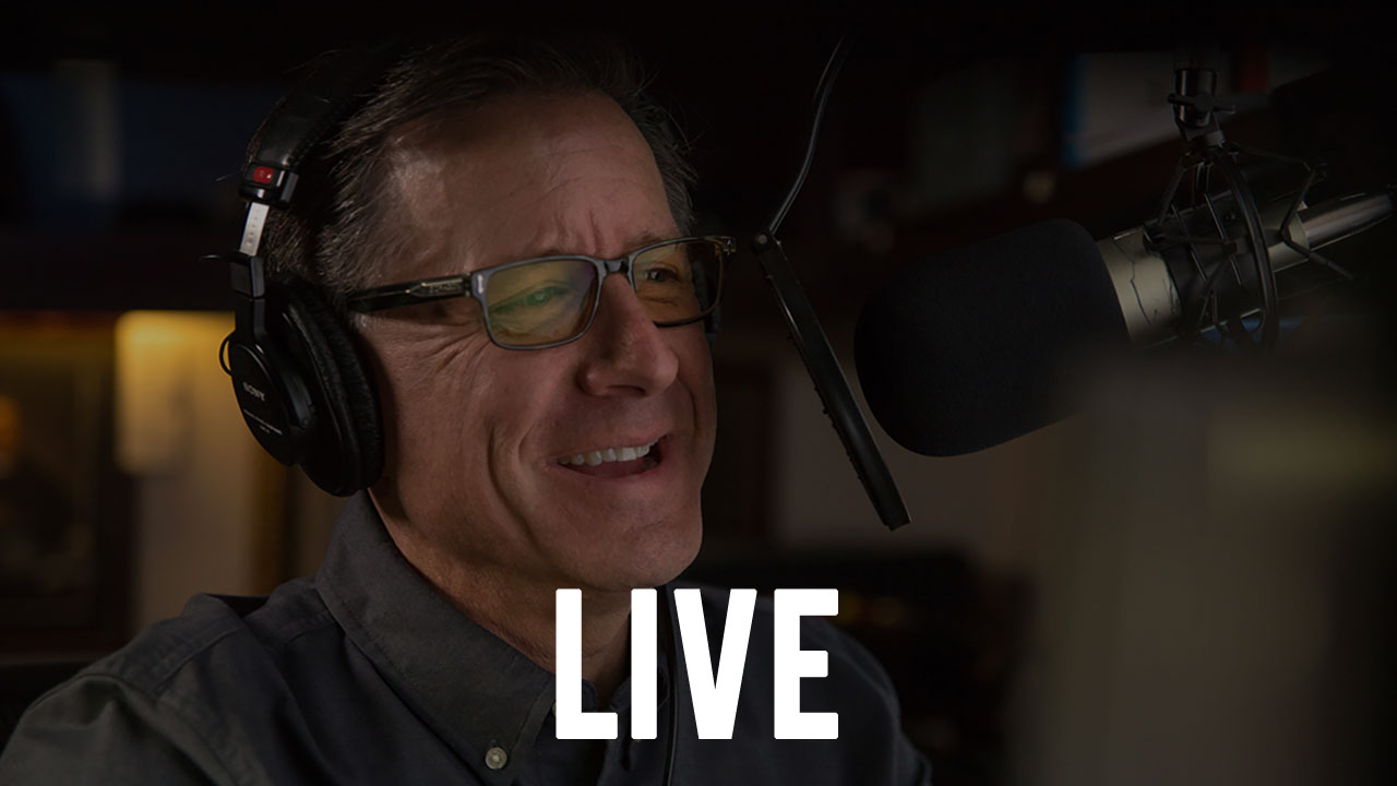 the word "LIVE" overlayed upon an image of a Pastor Mike Fabarez answering questions on a live radio broadcast